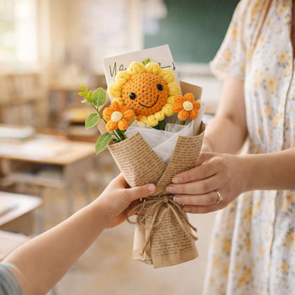 Crochet Flower Bouquet Handmade, Knitted Flower Gift, Personalization Thank You Teacher Gift