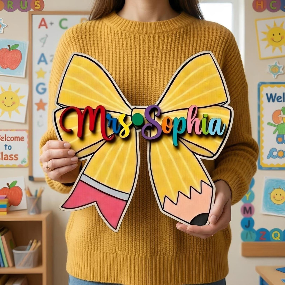 Personalised Teacher Coquette Bow Sign, Teacher Sign, Teacher Name Sign