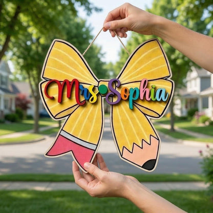 Personalised Teacher Coquette Bow Sign, Teacher Sign, Teacher Name Sign