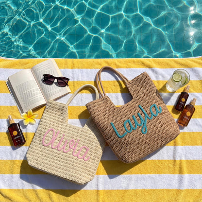 Personalized Pool Bag, Custom Straw Beach Tote, Girls Trip Gifts