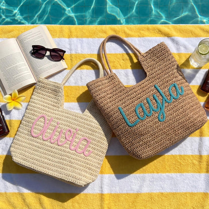 Personalized Pool Bag, Custom Straw Beach Tote, Girls Trip Gifts