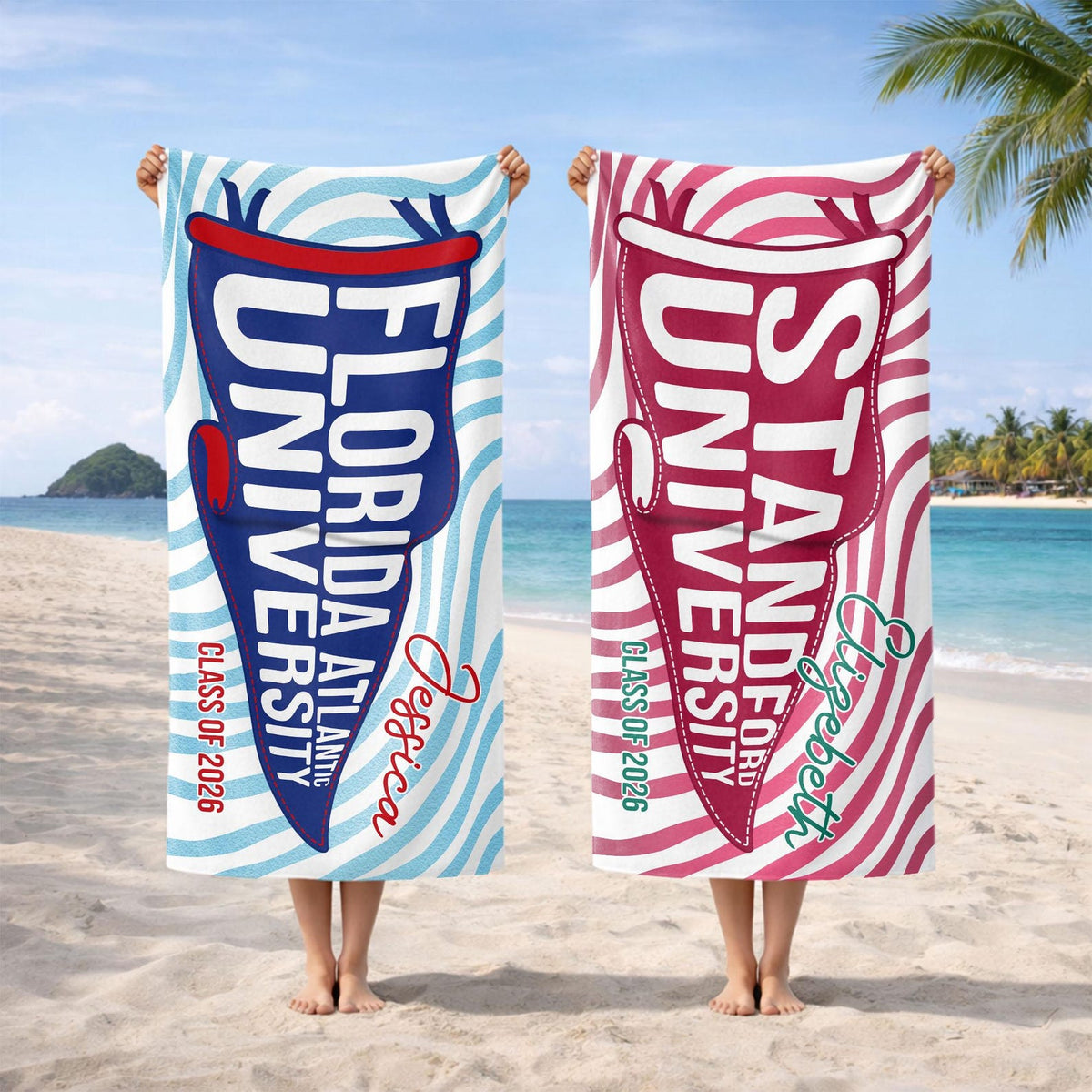 Personalized College Beach Towel,Custom Pennant Flag,Best Team Ever Gift,School Spirit Striped Towel