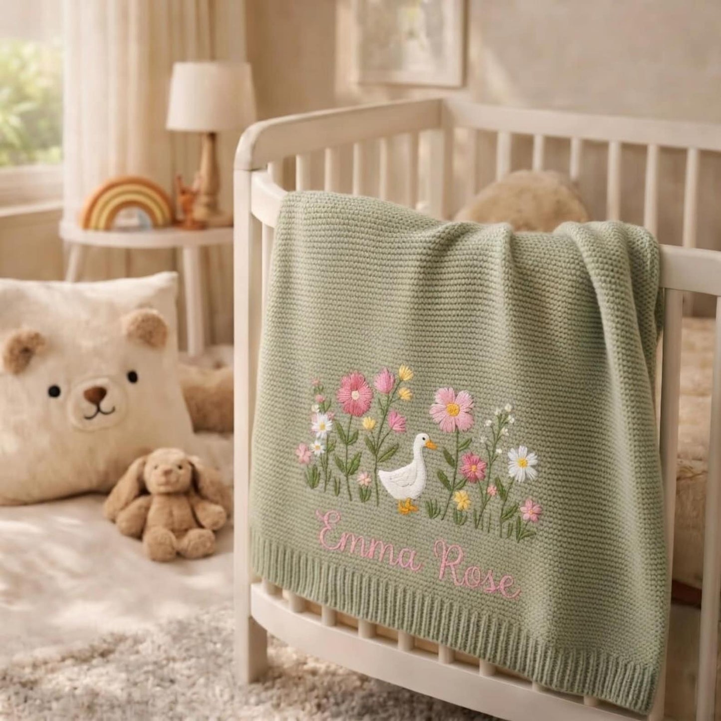 Personalized Embroidered Goose Floral Baby Blanket - Duck Wildflower Knit Throw, Newborn Blanket