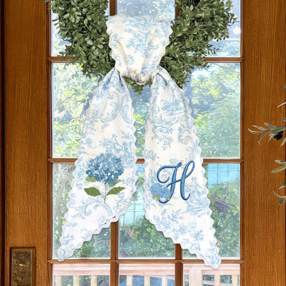 Hydrangea Wreath Sash, Blue Toile with Scalloped Edge Summer Wreath Bow