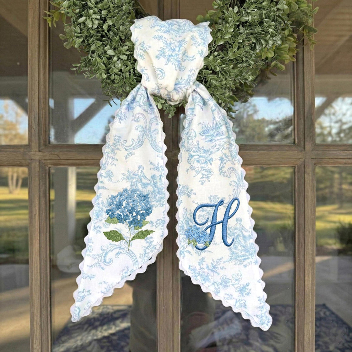 Hydrangea Wreath Sash, Blue Toile with Scalloped Edge Summer Wreath Bow