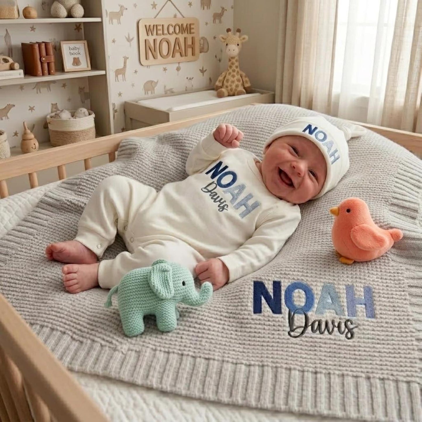 Rainbow Gradient Personalized Baby Romper Set, Custom Name Embroidered Organic Cotton Newborn Outfit