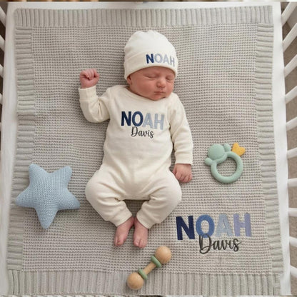 Rainbow Gradient Personalized Baby Romper Set, Custom Name Embroidered Organic Cotton Newborn Outfit