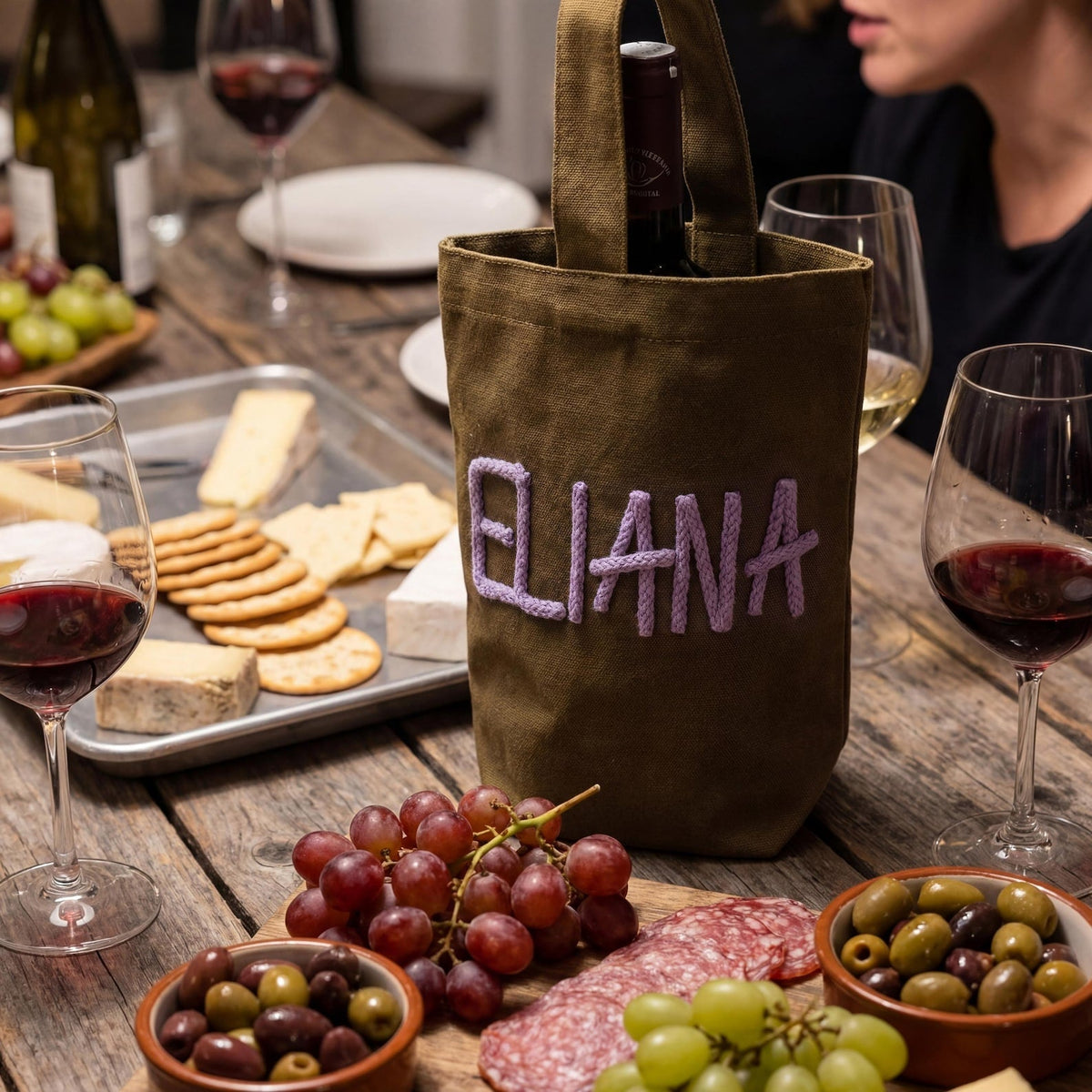 Personalized Wine Tote Bag, Custom Chenille Monogram Wine Carrier