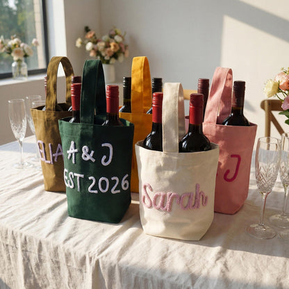 Personalized Wine Tote Bag, Custom Chenille Monogram Wine Carrier