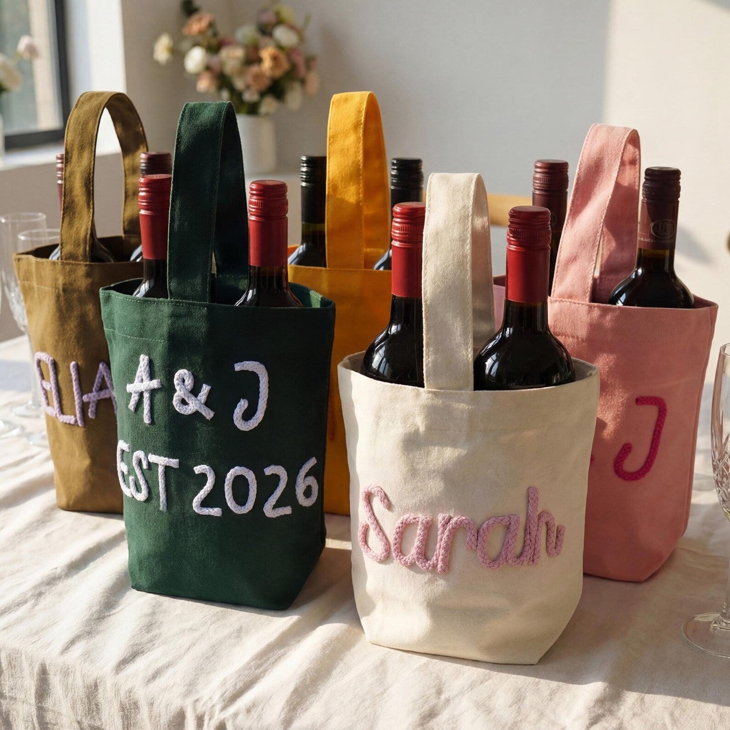 Personalized Wine Tote Bag, Custom Chenille Monogram Wine Carrier