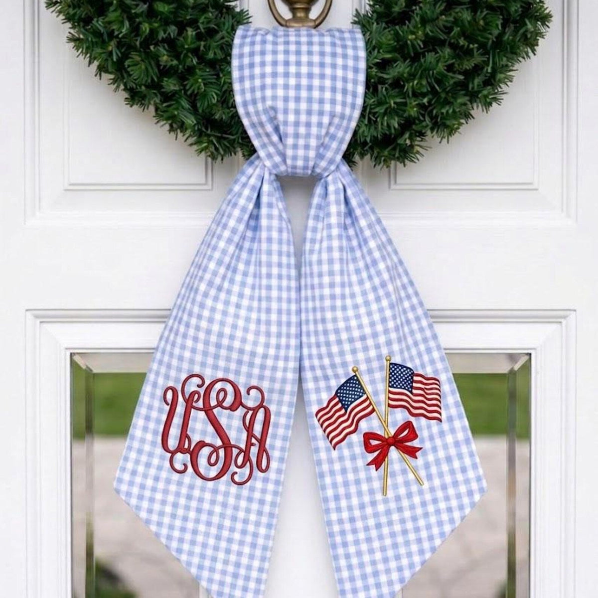 Custom Monogram Patriotic Wreath Sash, USA Flag Bow