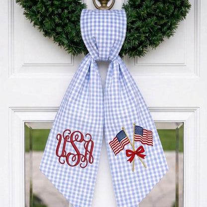 Custom Monogram Patriotic Wreath Sash, USA Flag Bow