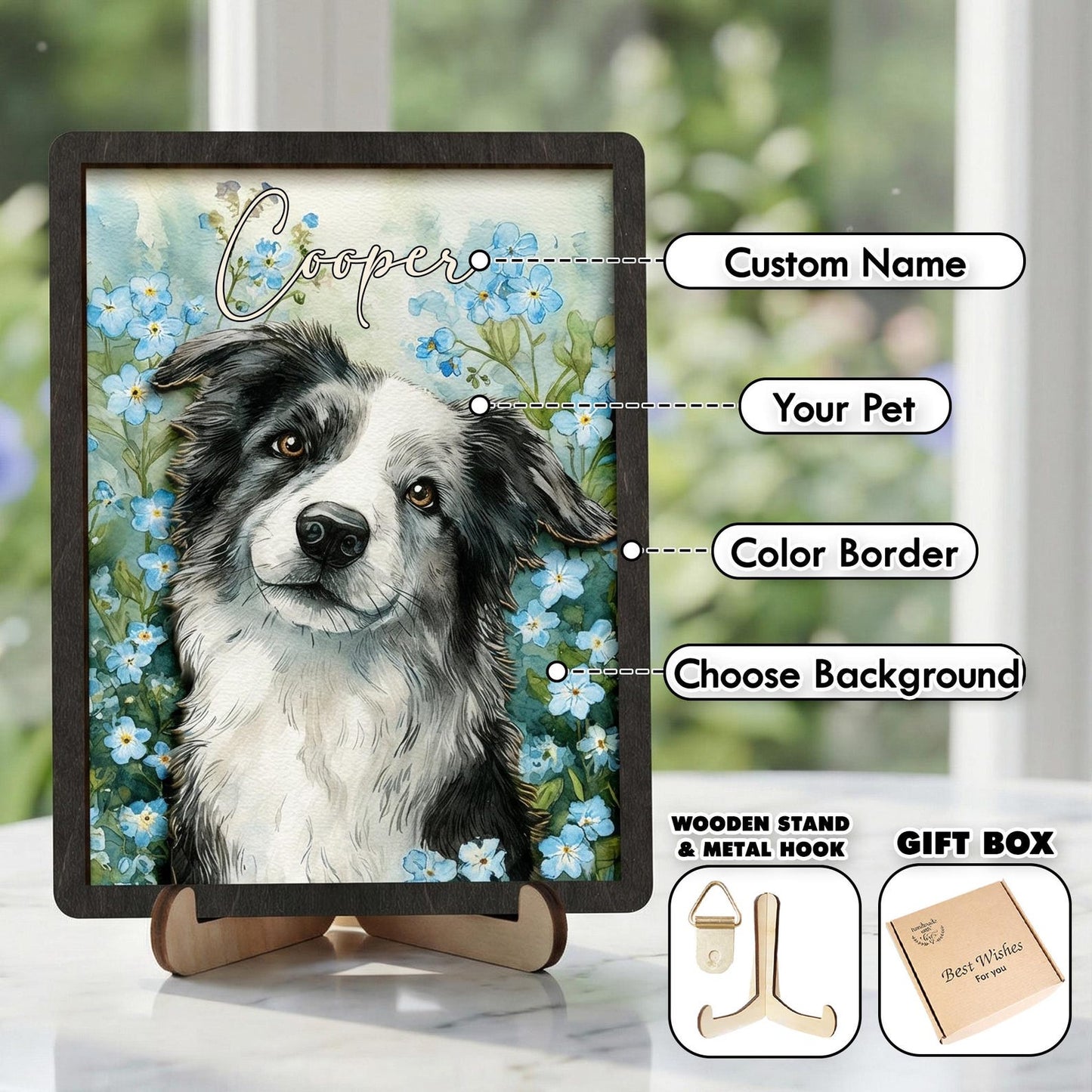 Personalized Pet Memorial Frame With Collar Holder, 3D Memorial Pet Floral Collar Holder Sign