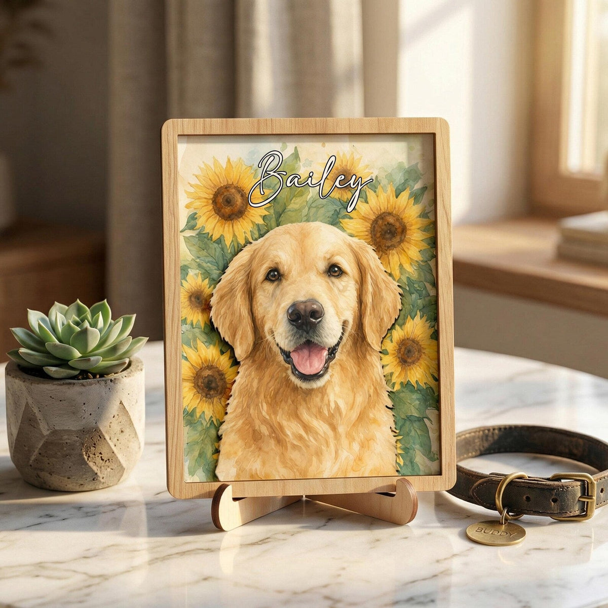 Personalized Pet Memorial Frame With Collar Holder, 3D Memorial Pet Floral Collar Holder Sign