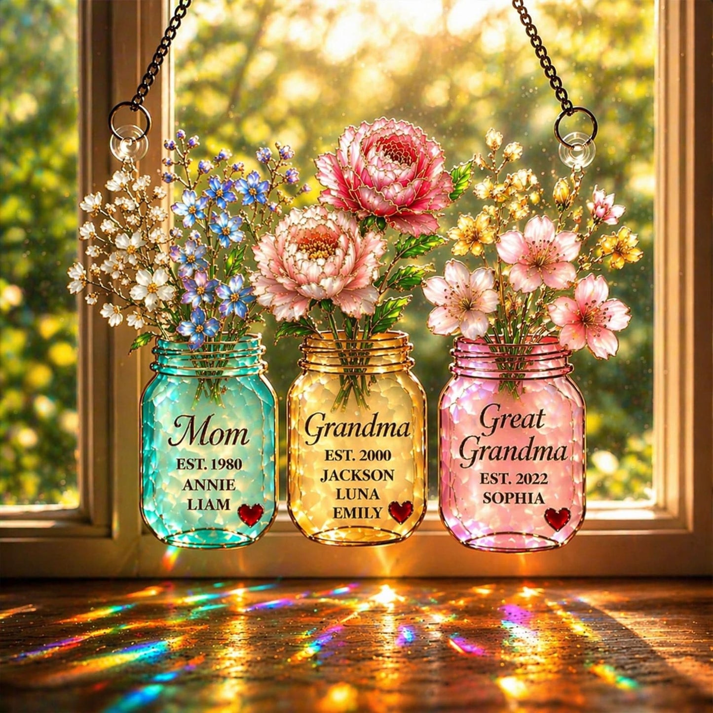 Personalized Generations Floral Jar Suncatcher with Name, Mom Grandma Great Grandma Flower
