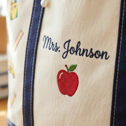Personalized Teacher Tote Bag, Embroidered School Icons Canvas Bag
