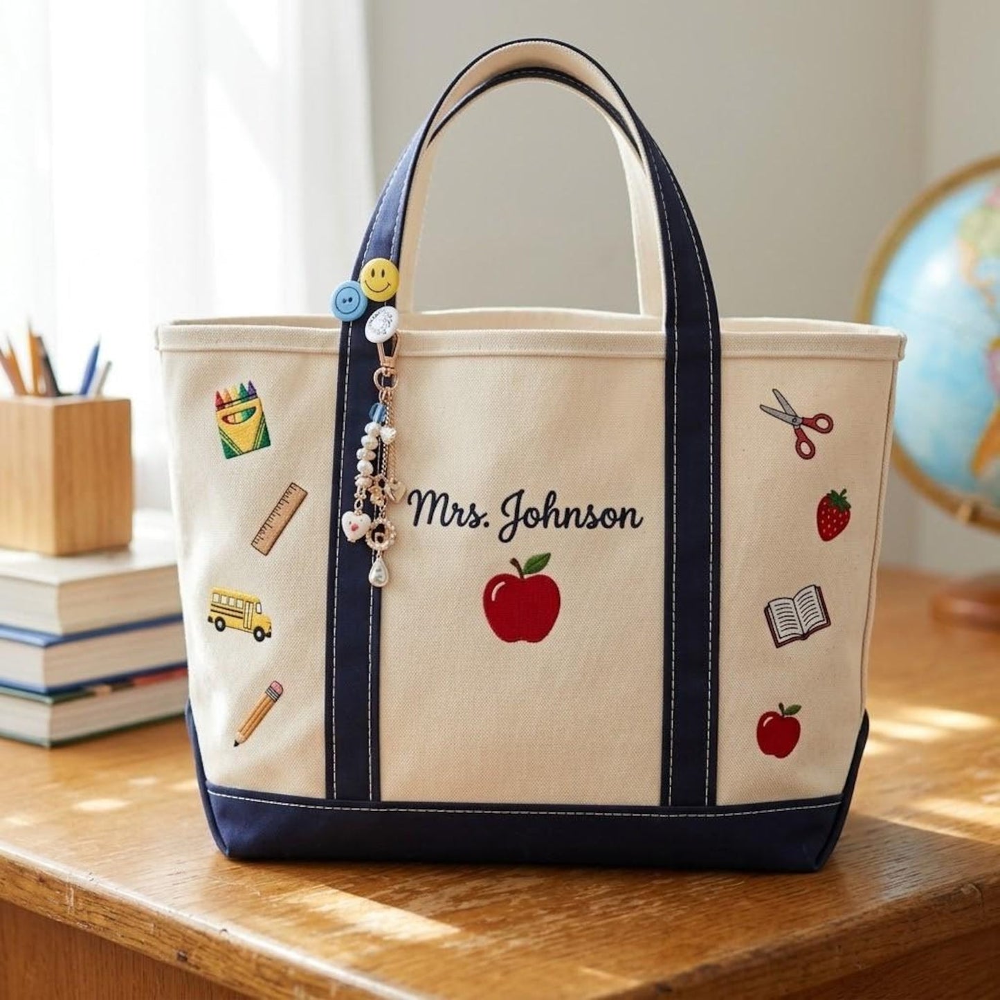 Personalized Teacher Tote Bag, Embroidered School Icons Canvas Bag