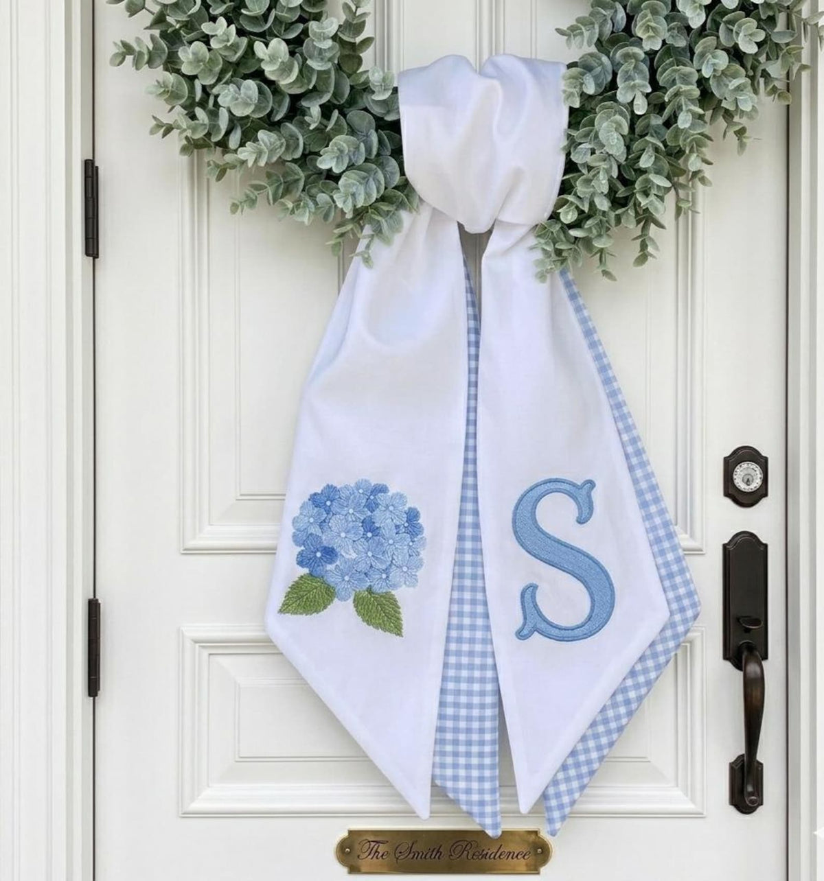 Personalized Hydrangea Wreath Sash With Monogram Letter Custom Blue Floral Door Scarf