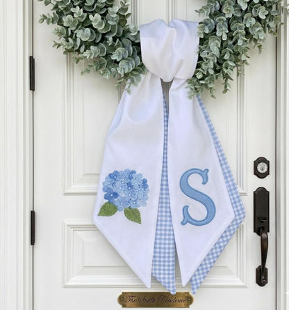 Personalized Hydrangea Wreath Sash With Monogram Letter Custom Blue Floral Door Scarf