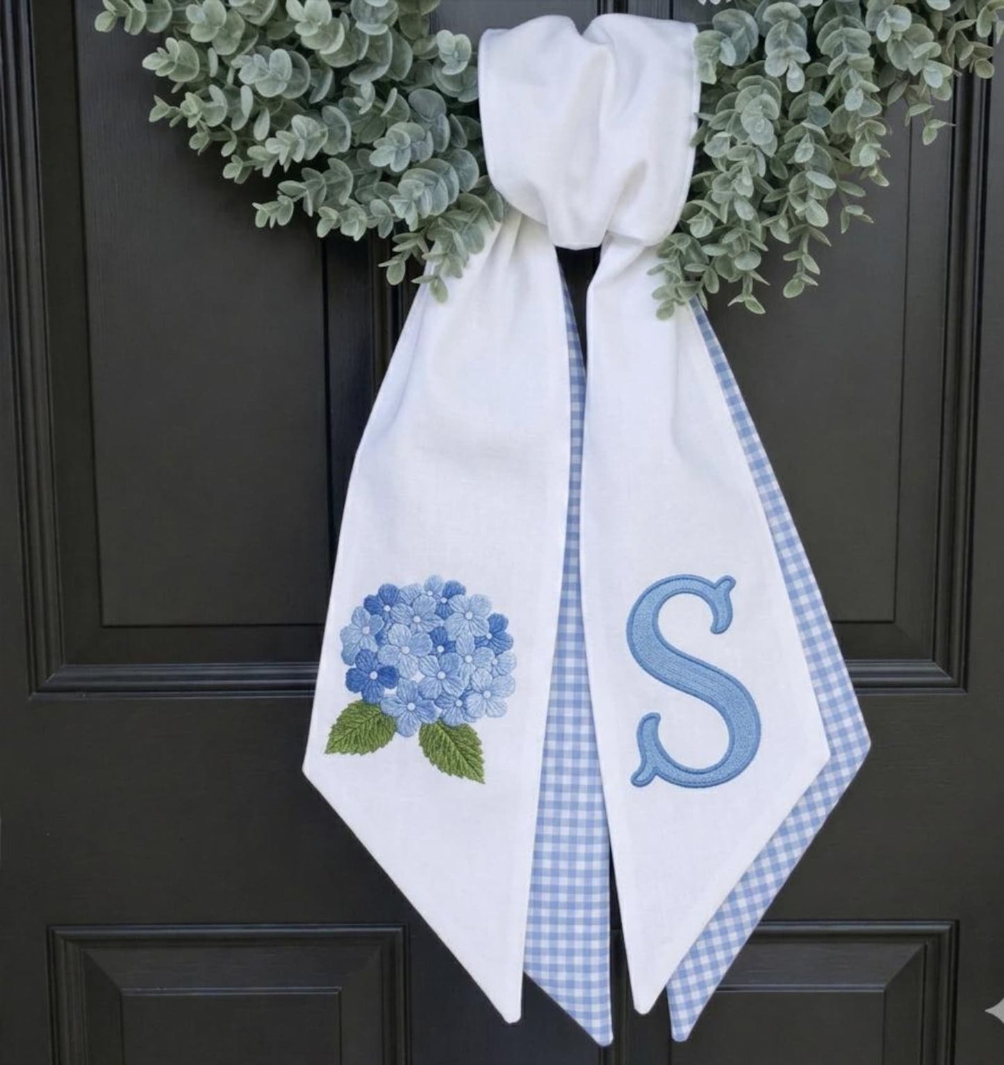 Personalized Hydrangea Wreath Sash With Monogram Letter Custom Blue Floral Door Scarf