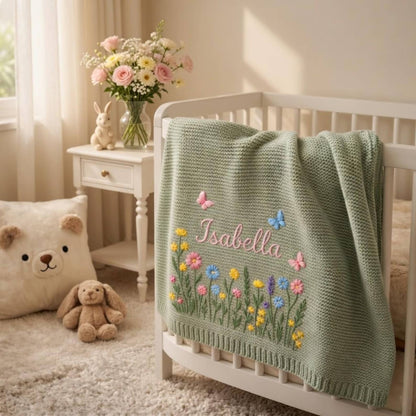 Custom Embroidered Name Blanket with Butterflies and Wildflowers for Newborn