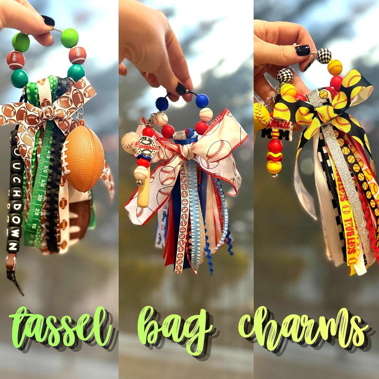 SPORTS Mom Tassel Charms // Ribbon Bag Charm // Sports Keychain // Gift for Moms
