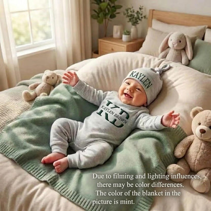 Personalized Organic Cotton Baby Name Outfit Set with Knit Blanket, Newborn Romper & Hat