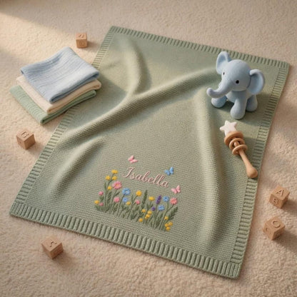 Custom Embroidered Name Blanket with Butterflies and Wildflowers for Newborn