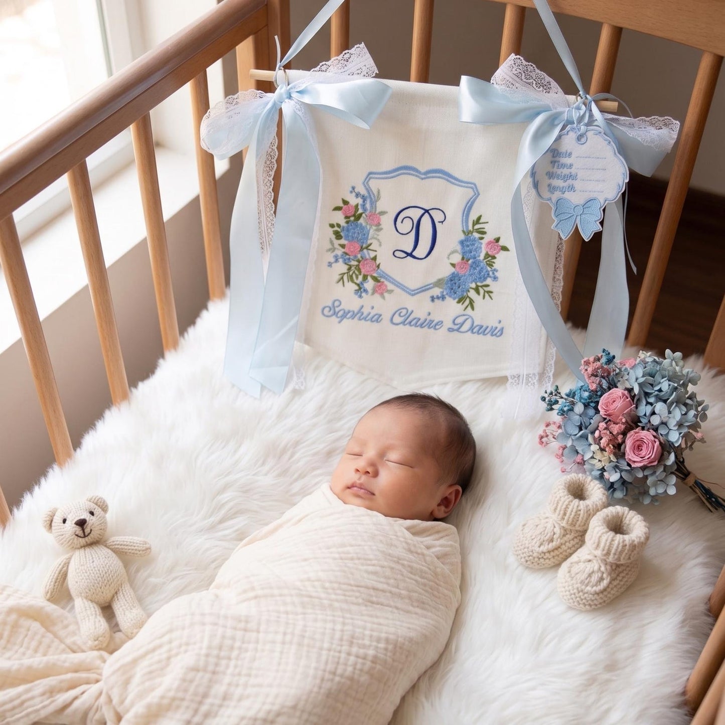 Embroidered Baby Name Banner, Custom Floral Monogram Banner, Baby Shower Decor