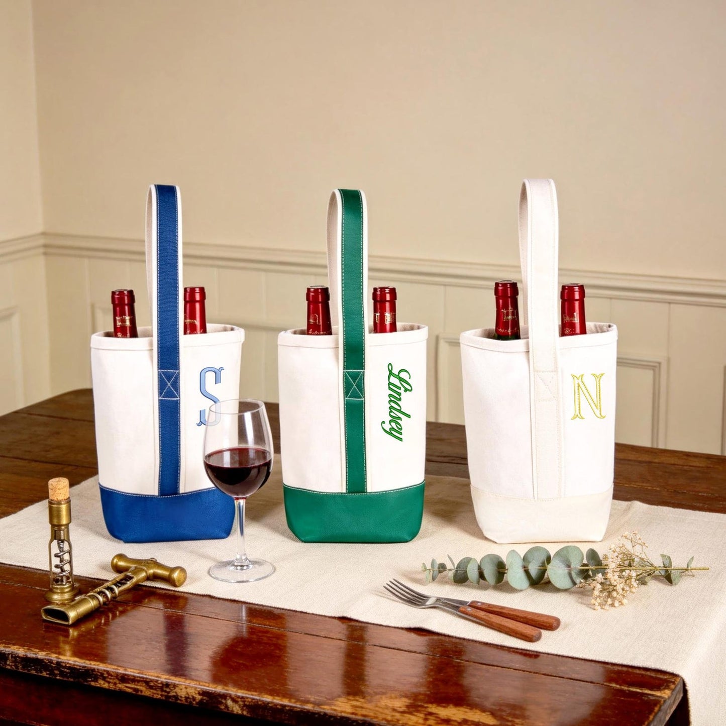 Personalized Canvas Wine Tote Bag, Monogram Double Bottle Champagne Tote Bag for Bridesmaid