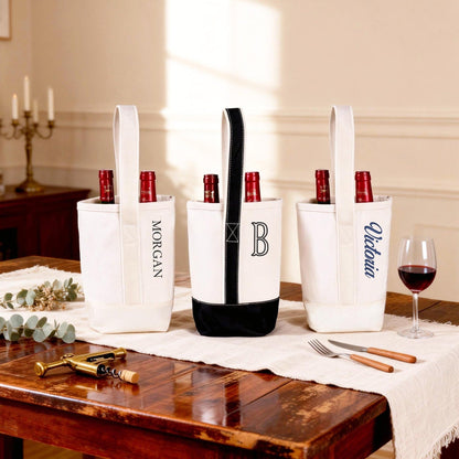 Personalized Canvas Wine Tote Bag, Monogram Double Bottle Champagne Tote Bag for Bridesmaid