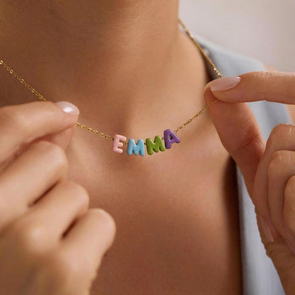 Custom Rainbow Bubble Initial Name Necklace, Colorful Tiny Balloon Name Necklace