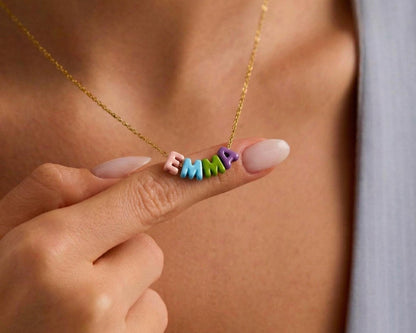 Custom Rainbow Bubble Initial Name Necklace, Colorful Tiny Balloon Name Necklace