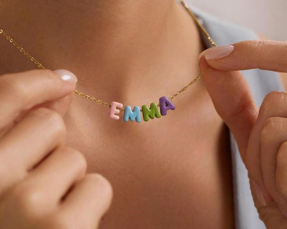 Custom Rainbow Bubble Initial Name Necklace, Colorful Tiny Balloon Name Necklace