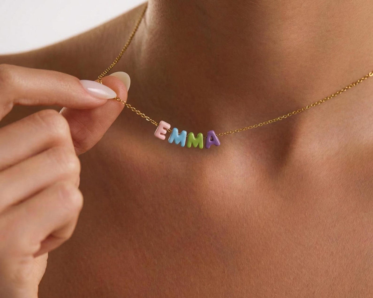 Custom Rainbow Bubble Initial Name Necklace, Colorful Tiny Balloon Name Necklace