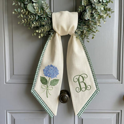 Personalized Blue Hydrangea Wreath Sash, Custom Monogram Door Bow