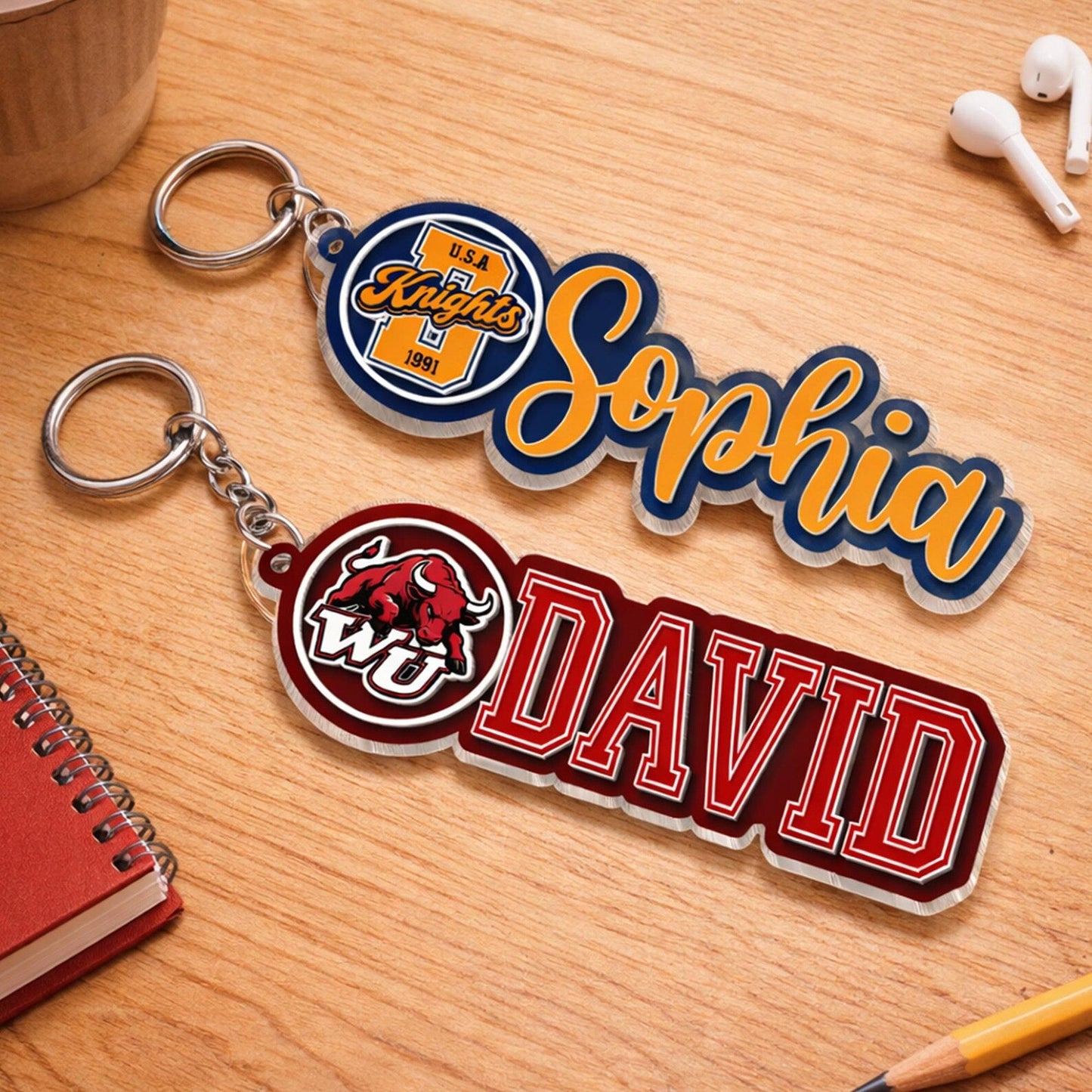 Personalized College High School Mascot Keychain With Name, Custom Backpack Accessory