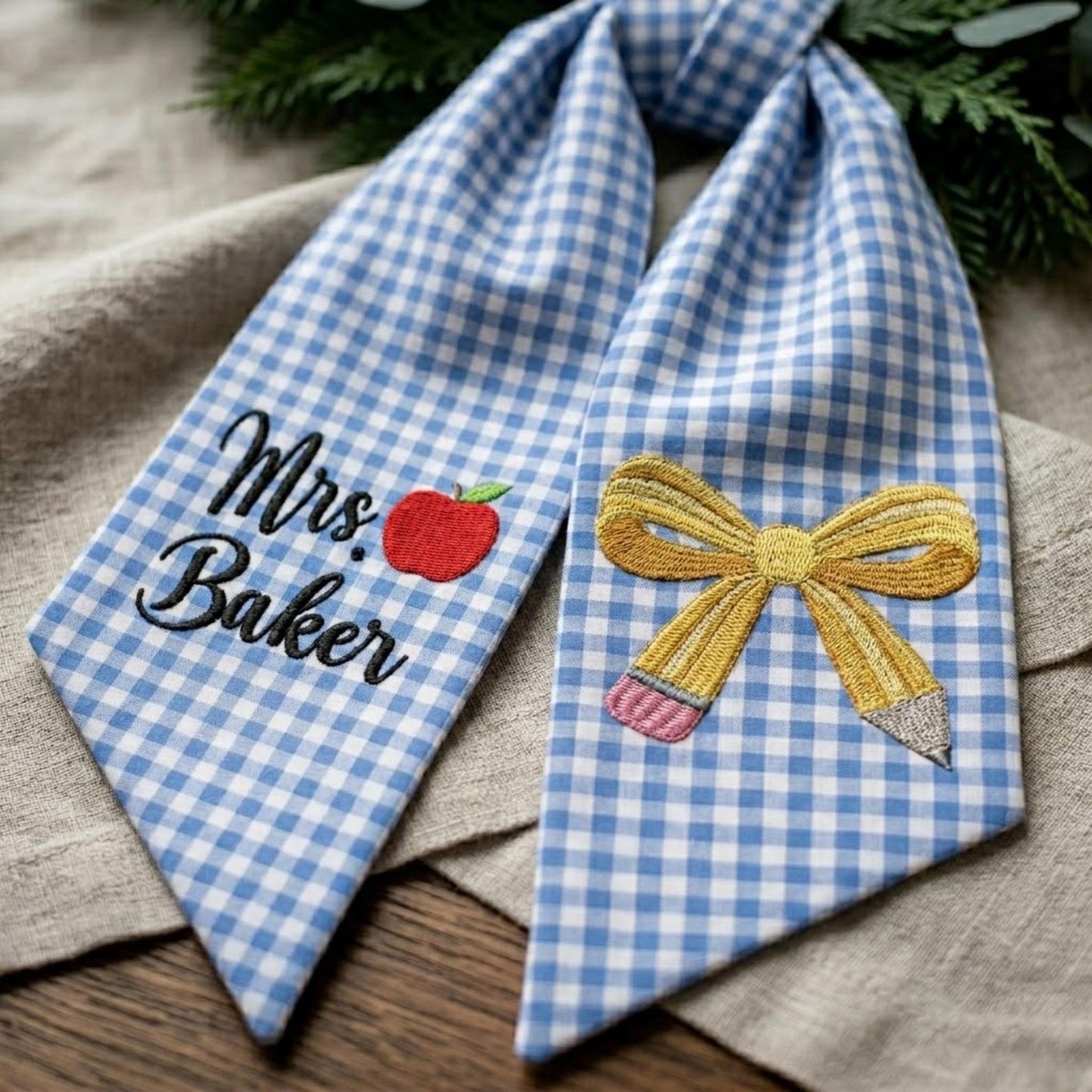 Personalized Teacher Door Wreath Bow, Custom Name Gingham Wreath Sash