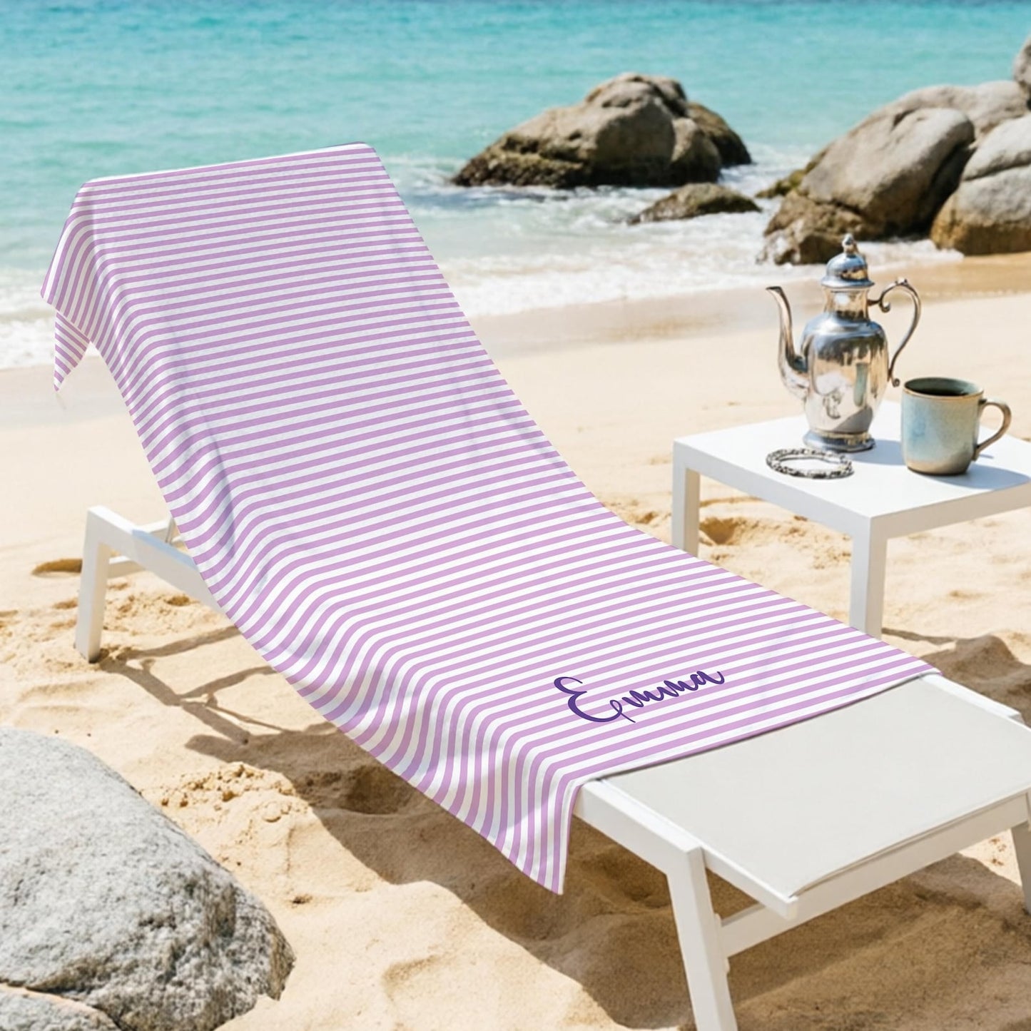 Personalized Striped Beach Towel, Custom Name Pool Towel