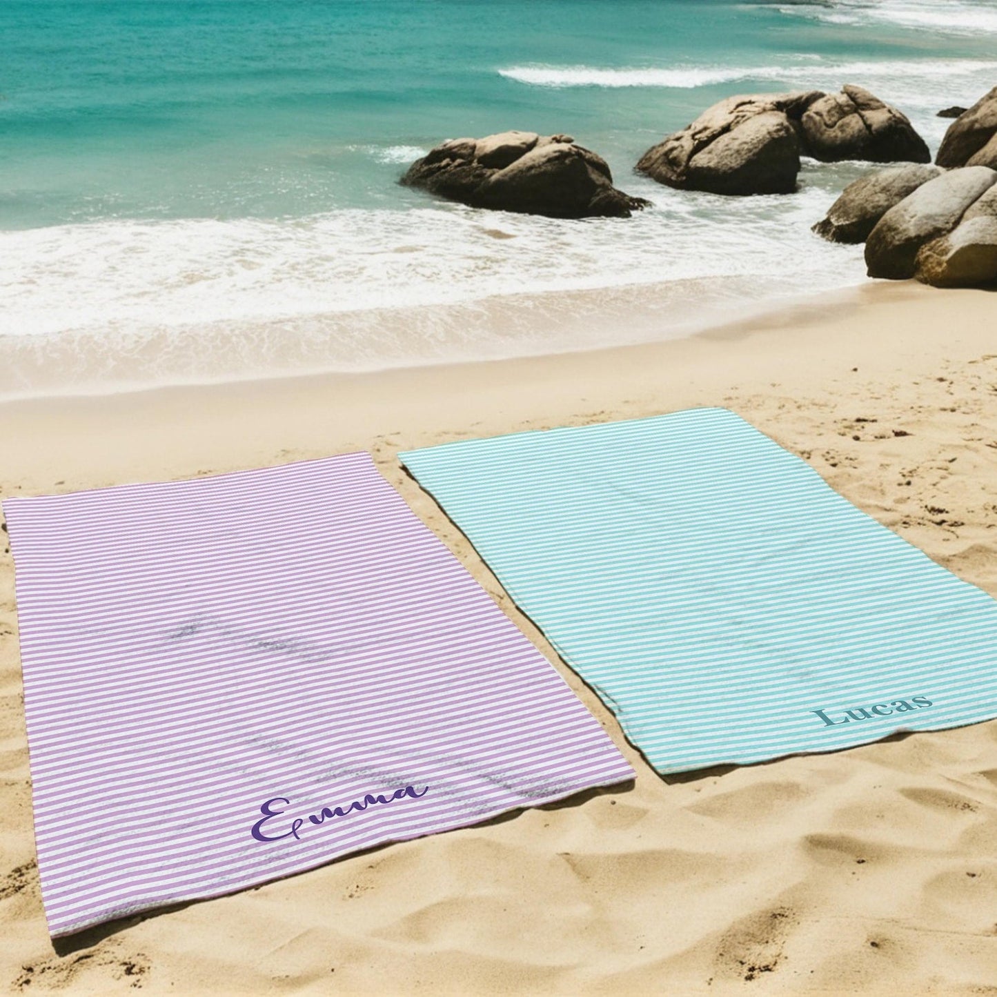 Personalized Striped Beach Towel, Custom Name Pool Towel