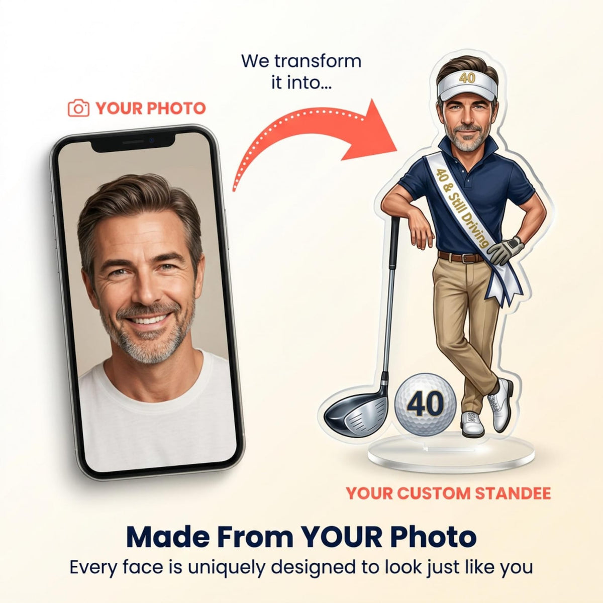 Golf Birthday Caricature Standee & Cake Topper | Personalised from Photo