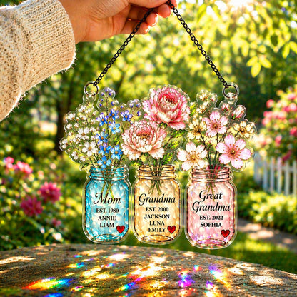 Personalized Generations Floral Jar Suncatcher with Name, Mom Grandma Great Grandma Flower