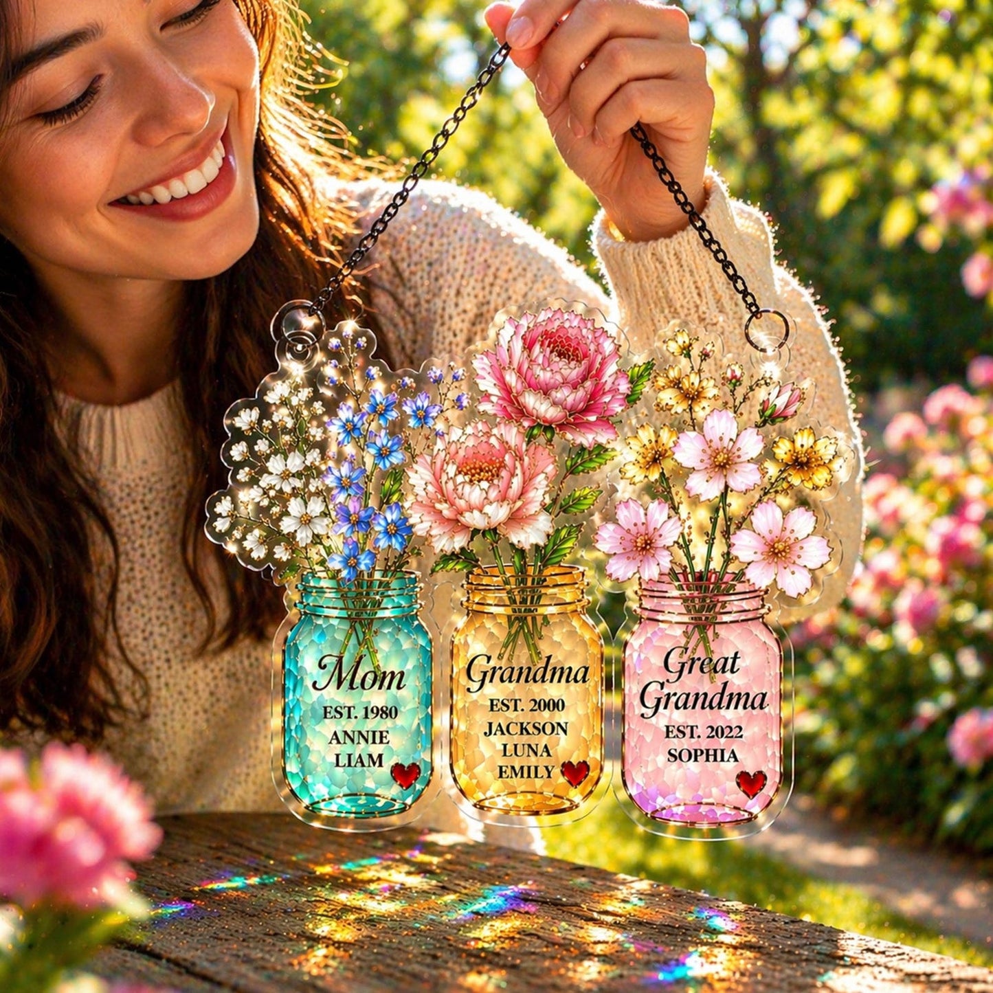 Personalized Generations Floral Jar Suncatcher with Name, Mom Grandma Great Grandma Flower