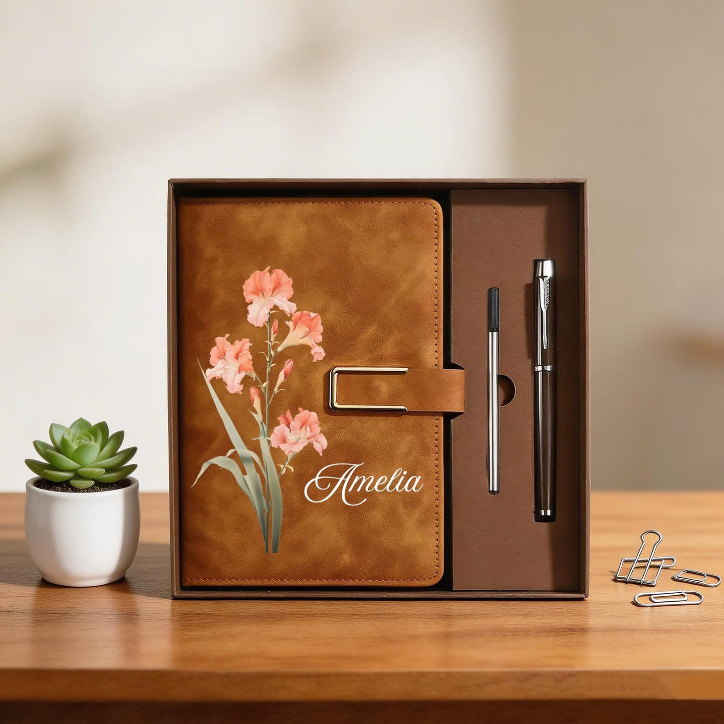 Personalized Birth Flower Notebook & Pen Set, Custom Name Leather Journal Gift