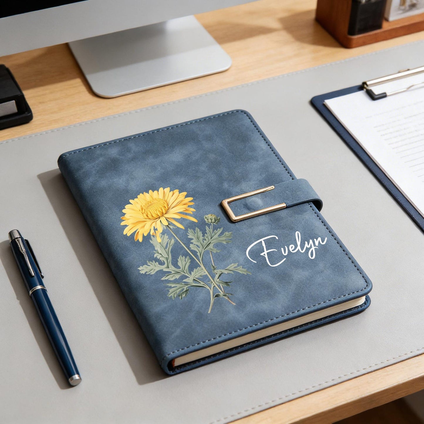 Personalized Birth Flower Notebook & Pen Set, Custom Name Leather Journal Gift