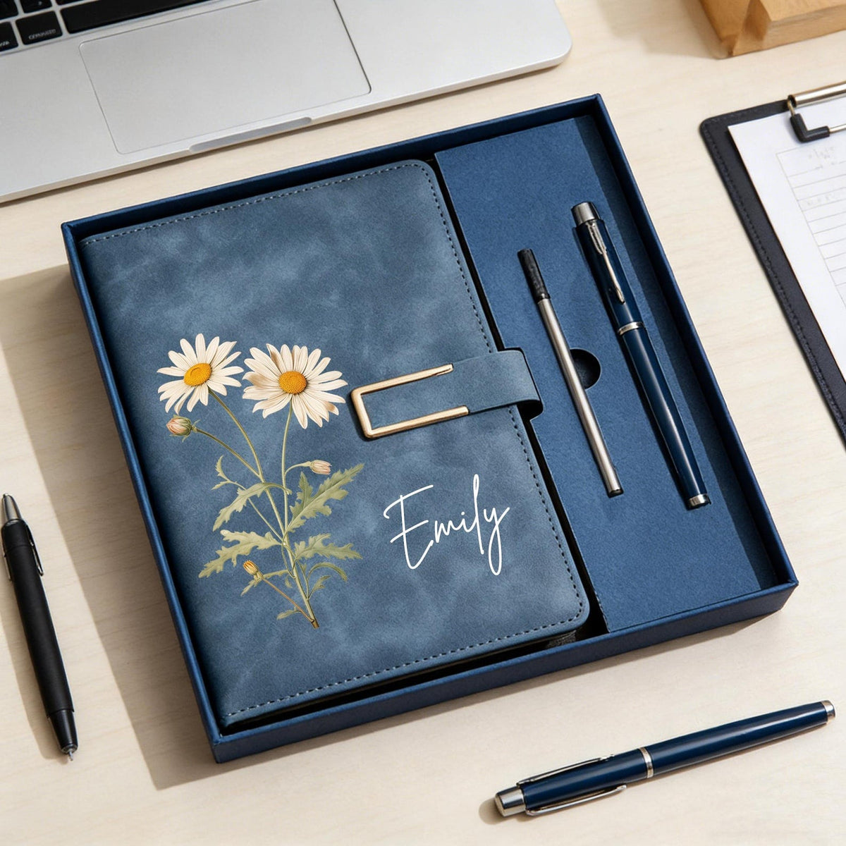 Personalized Birth Flower Notebook & Pen Set, Custom Name Leather Journal Gift