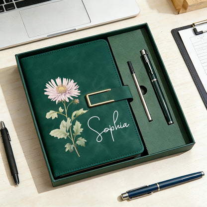 Personalized Birth Flower Notebook & Pen Set, Custom Name Leather Journal Gift