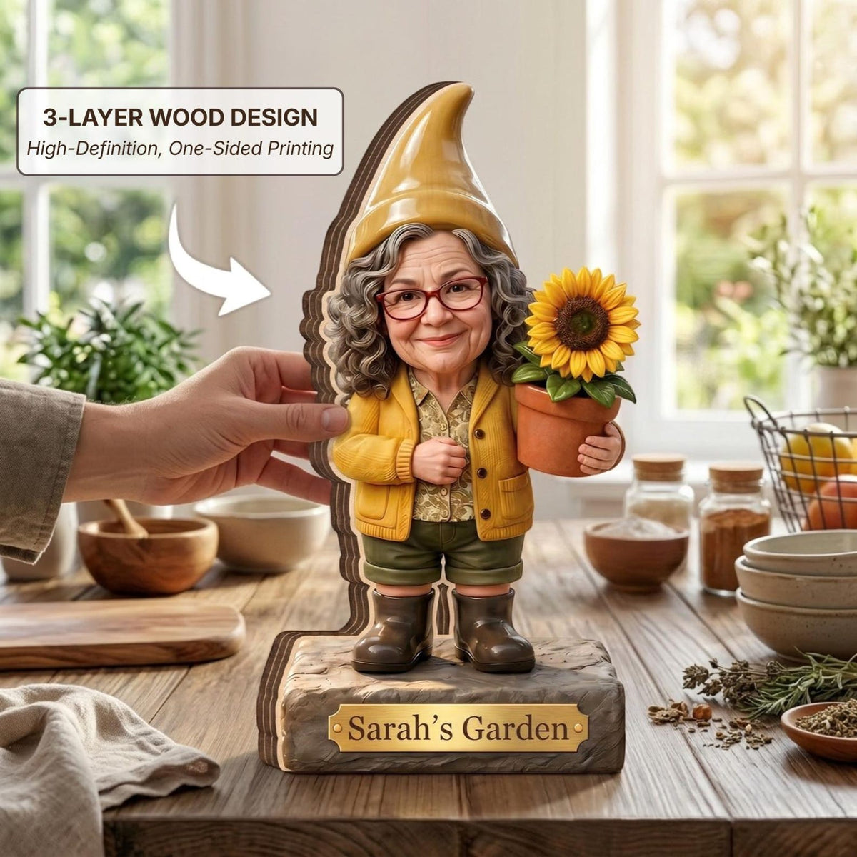 Personalized Grandparents Garden Gnome 2D FLAT Wooden Block, Custom Photo Plaque