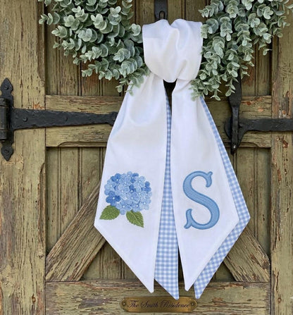 Personalized Hydrangea Wreath Sash With Monogram Letter Custom Blue Floral Door Scarf