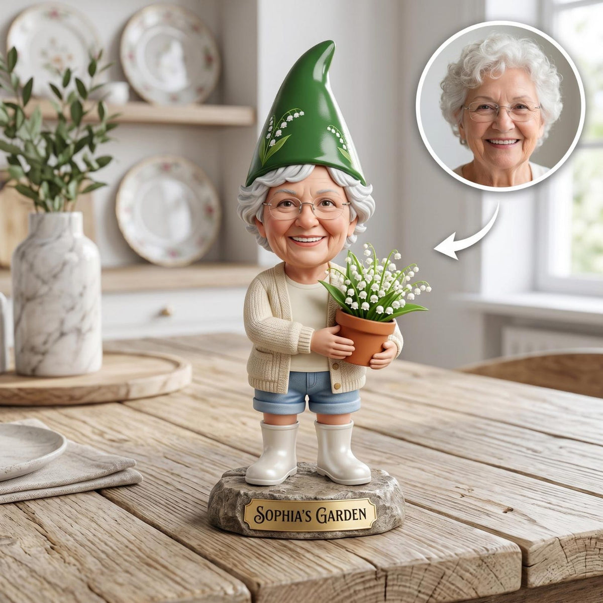 Personalized Grandma Garden Gnome 2D FLAT Wooden Block, Custom Photo and Name Flower Pot